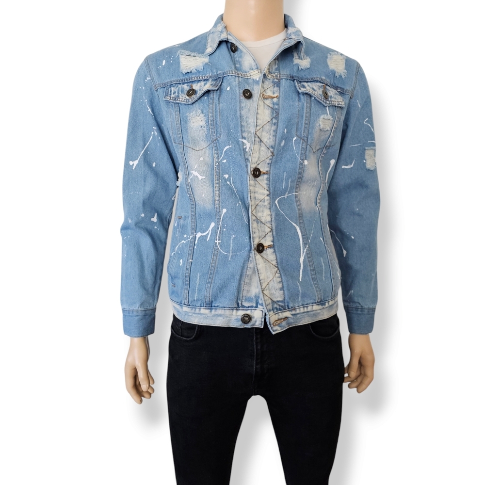 Rolling Paper Distressed & Paint Splatter Bleached Light Wash Denim Jacket